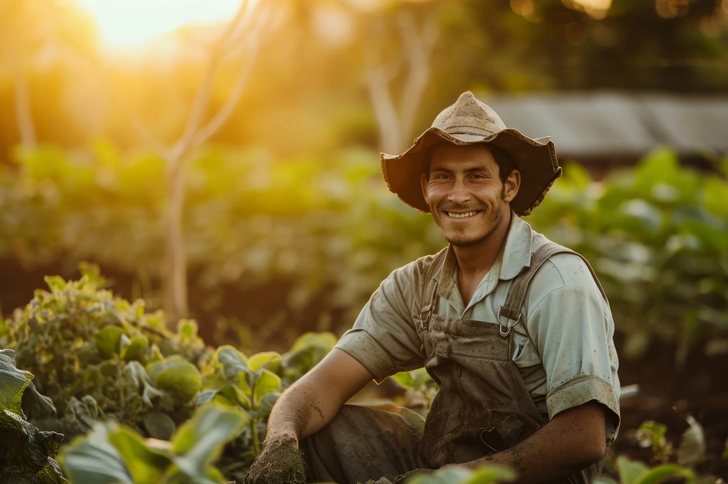 Productor sonriente en el campo al atardecer